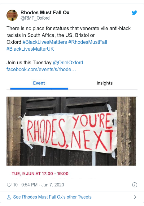 Twitter post by @RMF_Oxford: There is no place for statues that venerate vile anti-black racists in South Africa, the US, Bristol or Oxford.#BlackLivesMattters #RhodesMustFall  #BlackLivesMatterUK Join us this Tuesday @OrielOxford