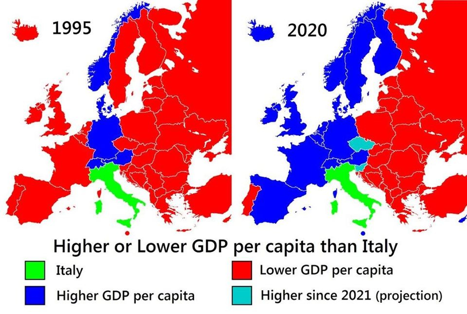 L'immagine può contenere: il seguente testo "1995 2020 Higher or Lower GDP per capita than Italy Italy Lower GDP per capita Higher GDP per capita Higher since 2021 (projection)"